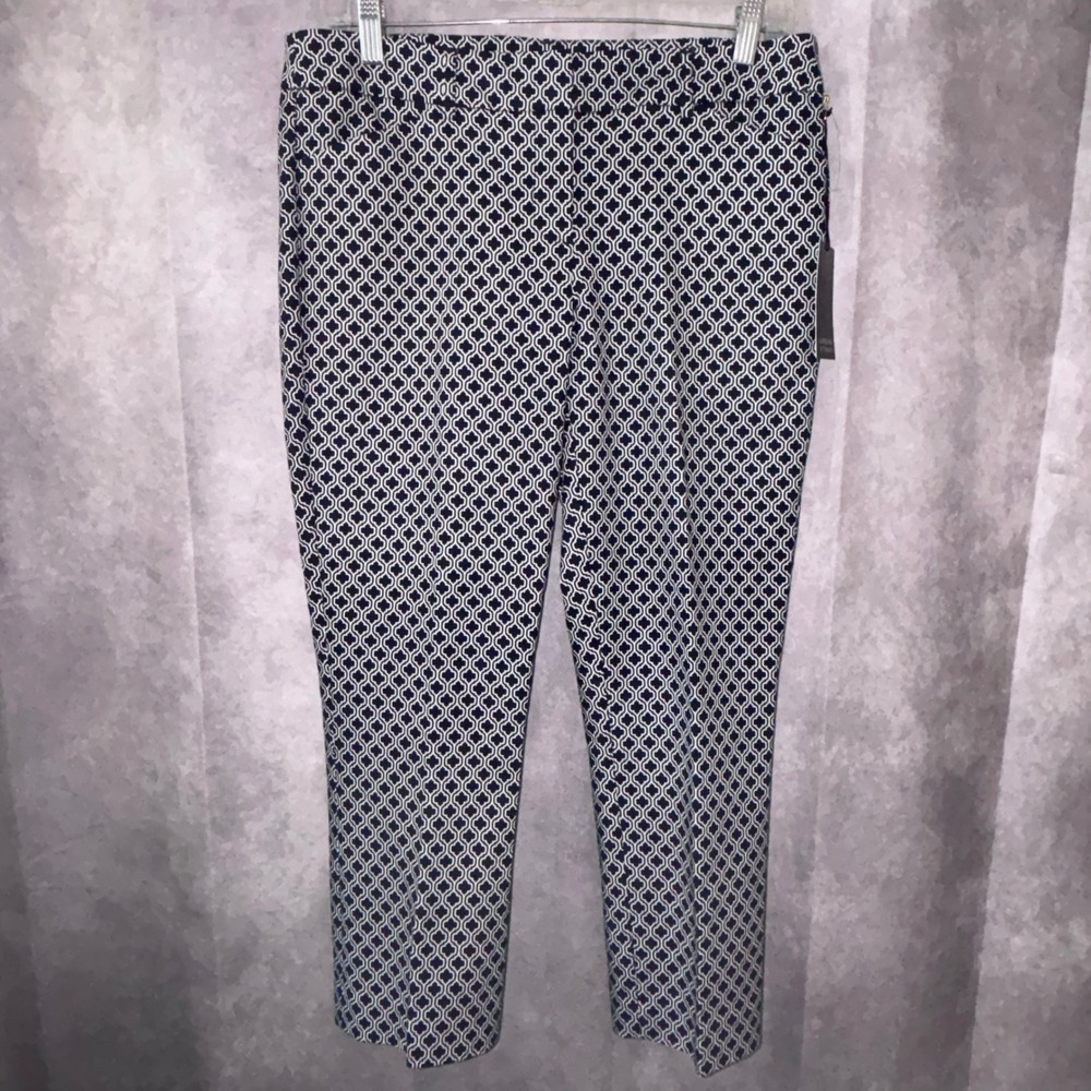 NWT Adrienne Vittadini Blue Geometric Stretch Crop Preppy Pants Women Size 6